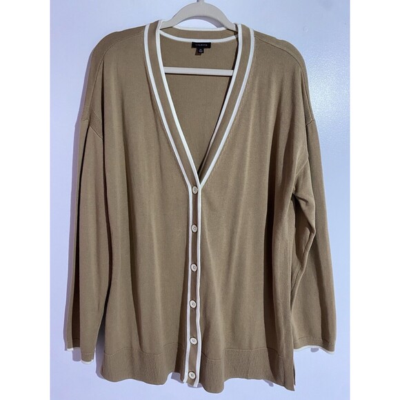 Talbots Cardigan XL Tan White Office Old Money Stretch Minimalist Academia - Picture 1 of 10